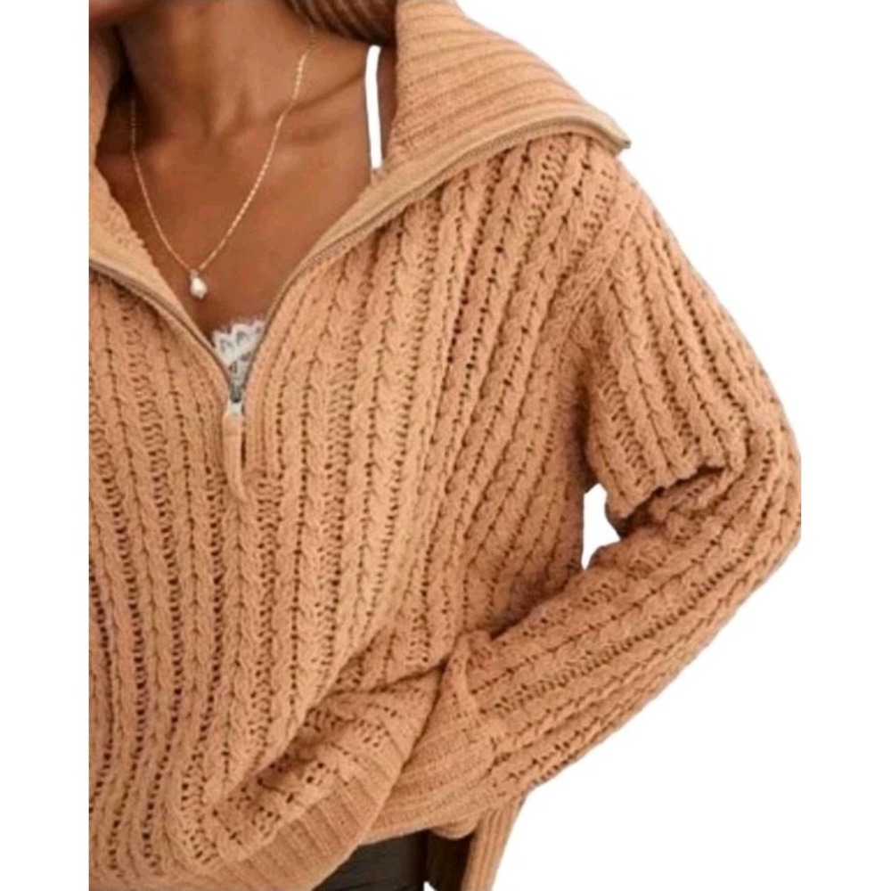AERIE Cable Car 1/4 Zip Sweater Camel Womens Medium Oversized Chunky Knit